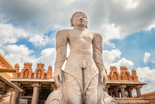Aerial view of Gommateshwara Bahubali statue at Shravanabelagola, Karnataka"